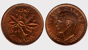 1 cent 1944 George VI Copper Price - Canada Copper Coin Value